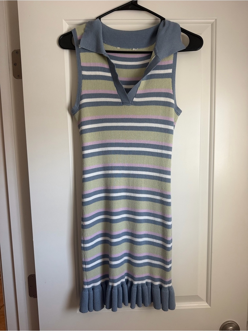 Sleeveless Striped Knit Dress with Collar - Pastel Blue